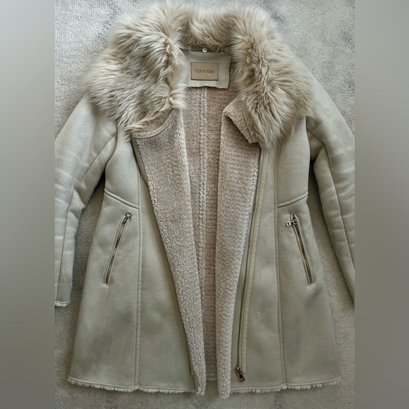 Calvin Klein Soft Latte Faux Suede Coat with Fur Collar - Picture 12 of 13